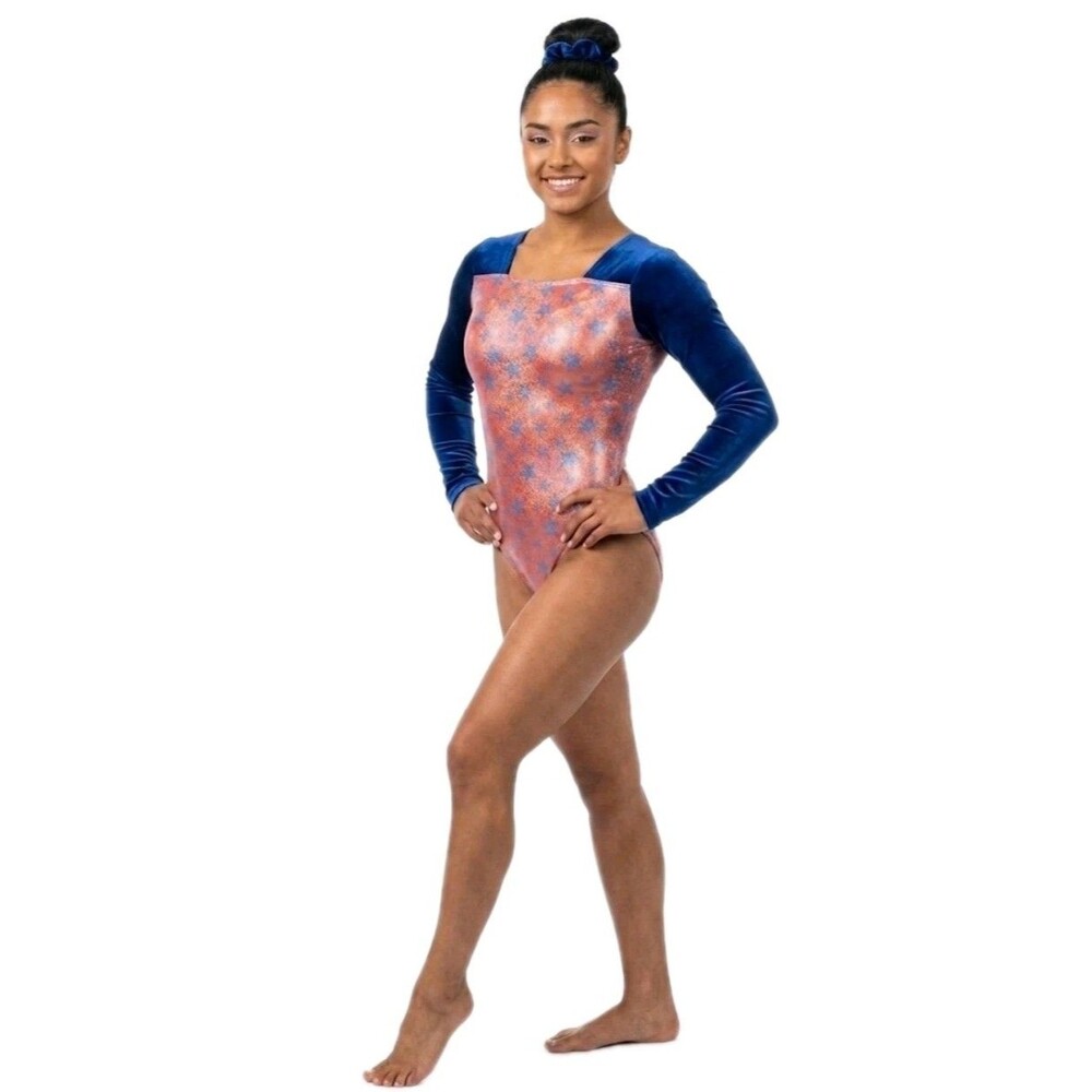 GK Elite VTG Shimmering Patriotic Holographic LS Velvet Leotard Red Blue AXS